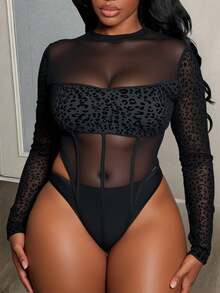 Slaydiva New Spring/Summer Music Festival Valentine's Day Casual Simple Basic Style Y2K Street Sweet Internet Celebrity Bestseller Daily Date Hot Girl Style Sexy See-Through Small Stand-Up Collar Long-Sleeved Leopard Print Patchwork Mesh Slim Fit Women's Jumpsuit Sexy Bodysuit Women Bodysuits Mesh Bodysuit Mesh Swimsuit - Black - View 17