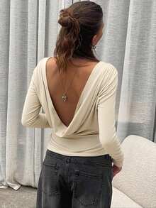 Siren Gaze 女士纯色褶皱时尚深V露背宽松长袖T恤 - 杏色 - 查看 7