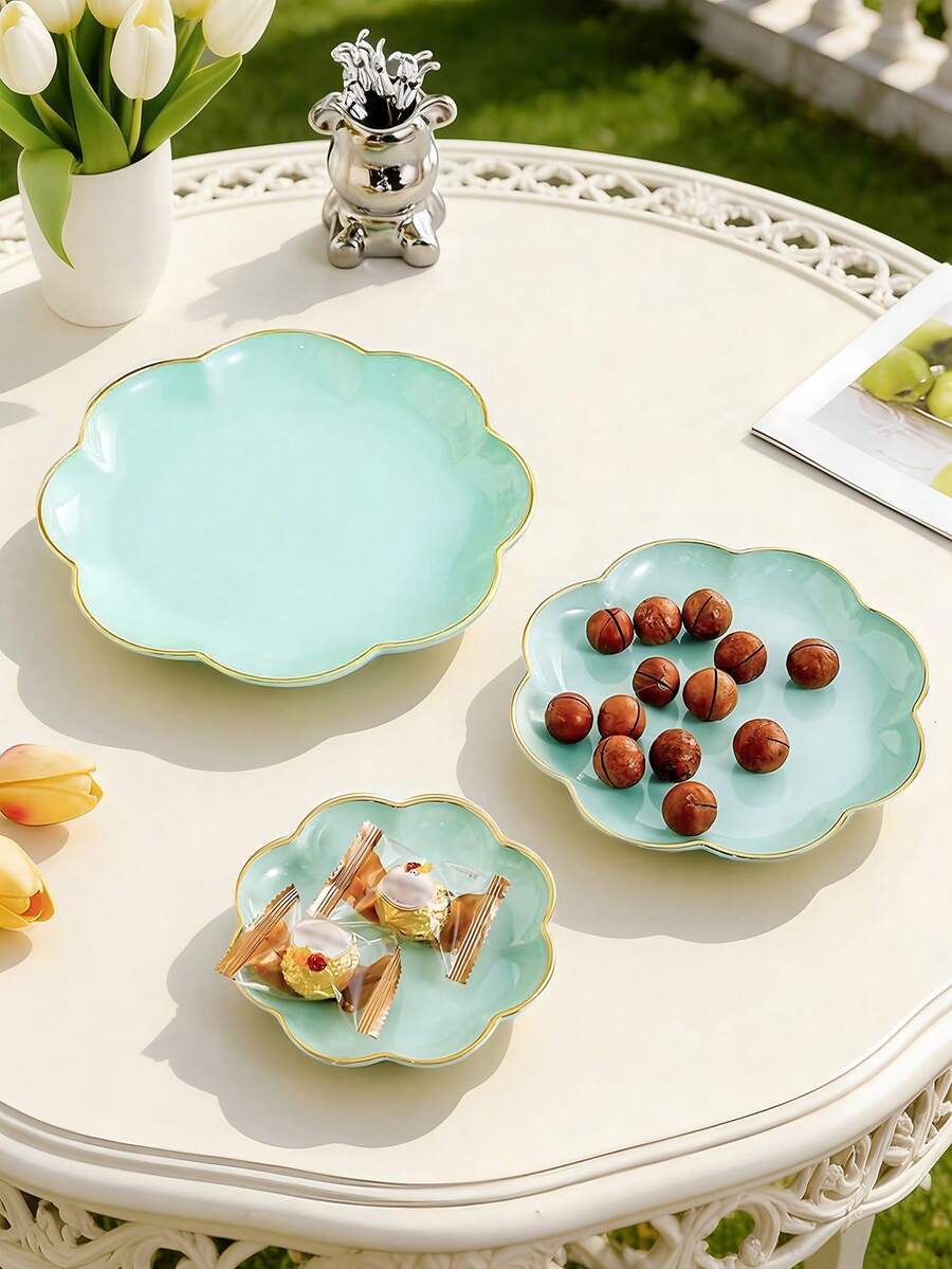 SHEIN 1pc Flower Shaped Gold Rimmed Tray, Multi-Purpose - Mint Green - View 1