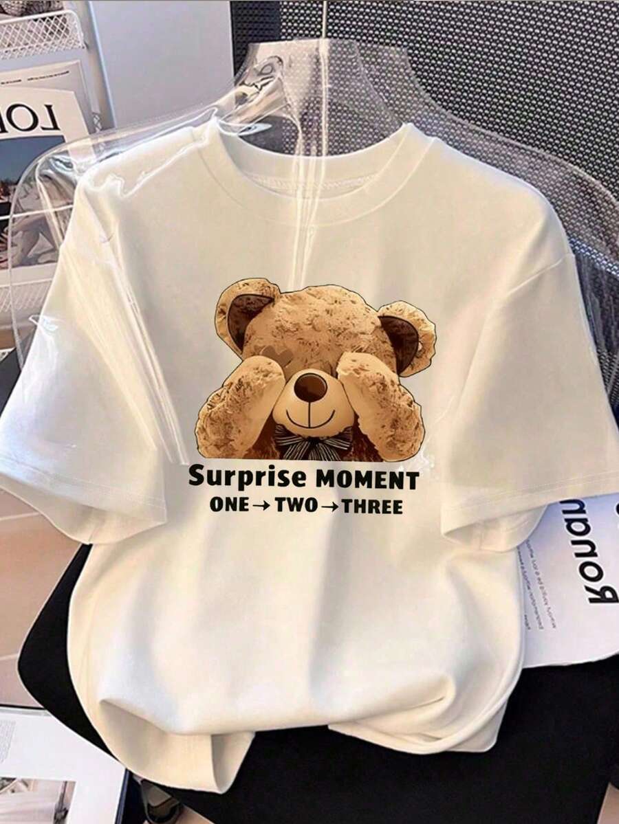 Resyla Casual & Fashionable Fitted Bear Knit Pullover Short Sleeve T-Shirt For Women - White - View 1