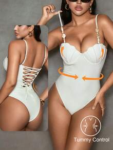 Shapewave 女士收腹贝壳杯钢圈褶皱连体泳衣，精致度假装 - 米色 - 查看 1