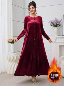 SHEIN Najma 女士阿拉伯风格连衣裙，前扣系带腰身长袖喇叭下摆 - 酒紅色 - 查看 4