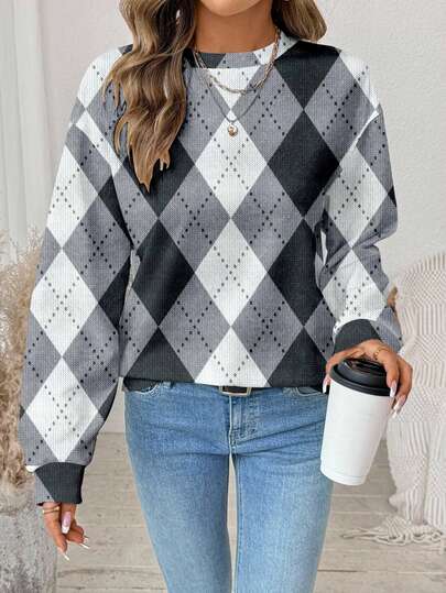 EMERY ROSE Casual Plaid Print Pattern Loose Fit Crew Neck Long Sleeve Sweatshirt For Women Checkered Top Argyle Sweater Winter Tops For Women Women Sweater Plaid Top
