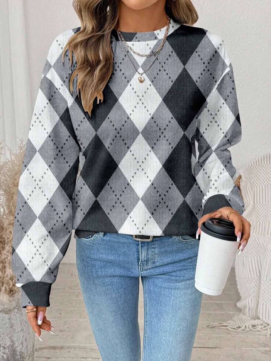 EMERY ROSE 女士休闲格子印花宽松圆领长袖卫衣，格子图案，菱格纹毛衣，冬季女式上衣，女士格子毛衣，休闲款 - 彩色 - 查看 1