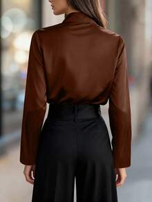 Balvessa Áo sơ mi satin màu đỏ tía dành cho nữ, áo sơ mi chất lượng cao, mùa xuân/thu - Cà phê nâu - Xem 2