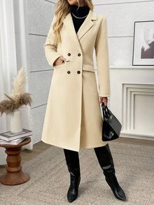 SHEIN LUNE Abrigo cruzado elegante y minimalista para mujer - Albaricoque - Ver 3