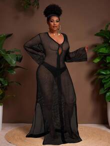 Veslaya Đầm dệt kim gợi cảm cổ chữ V khoét sâu màu trơn dành cho nữ cỡ lớn - màu đen - Xem 6