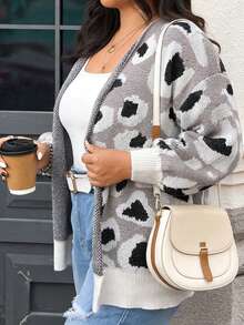 SHEIN LUNE 大码女式休闲家居美式温暖柔软灰色豹纹图案宽松落肩袖秋冬开衫商务休闲女士、度假装、乡村上衣 - 彩色 - 查看 4