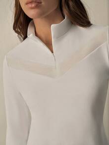 With My Calm Casual Versatile White V-Neck Semi-Sheer Design Slim-Fit Invisible Zipper Long Sleeve Women Equestrian Jacket - White - View 5