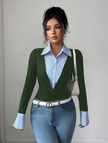 SHEIN Unity 女款優雅拼接條紋收腰長袖上衣 - 墨綠色 - 查看 4