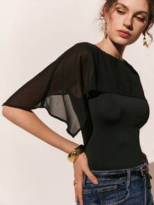 Poéselle 女士纯色圆领网纱拼接修身时尚衬衫 - 黑色 - 查看 3