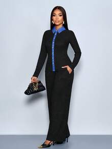 SOLERSUN Women's Two Pieces Suit Elegant Black Autumn Long-Sleeved Shirt Jacket And Pants Set,Smart Office Commuter Knitted Textured Contrast Denim Outfit - Black - View 3
