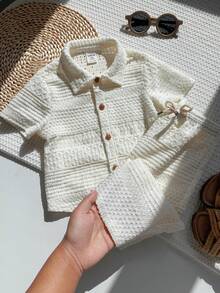 SHEIN 2件套男女宝宝幼儿白色镂空舒适短袖针织衫套装，包含上衣和阔腿裤，休闲复古百搭，日常可爱，适合春、夏、秋季、节日、庆典、度假、郊游、假日、婚礼、婴儿派对、洗礼、周岁生日等场合。 - 白色 - 查看 1