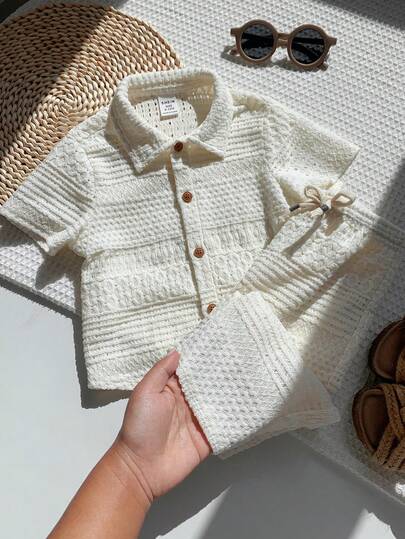 SHEIN 2pcs/Set Unisex Baby Boy Toddler White Hollow Out Comfortable Short Sleeve Shirt Knit Top And Wide Leg Pants Set, Casual Traditional Retro Versatile Daily Cute, Suitable For Spring, Summer, Autumn, Festivals, Celebrations, Vacation, Outings, Holidays, Weddings, Baby Showers, Christenings, 1st Birthday