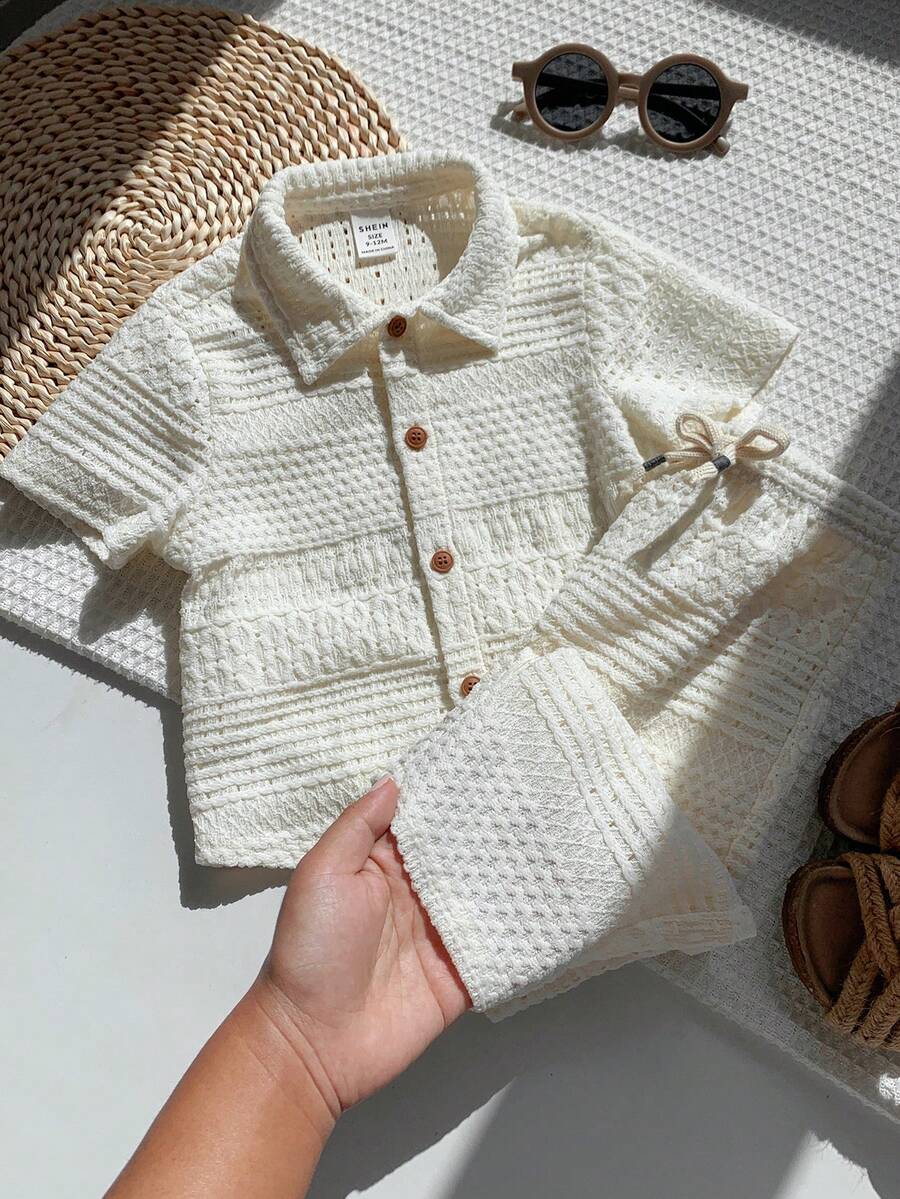 SHEIN 2件套男女宝宝幼儿白色镂空舒适短袖针织衫套装，包含上衣和阔腿裤，休闲复古百搭，日常可爱，适合春、夏、秋季、节日、庆典、度假、郊游、假日、婚礼、婴儿派对、洗礼、周岁生日等场合。 - 白色 - 查看 1