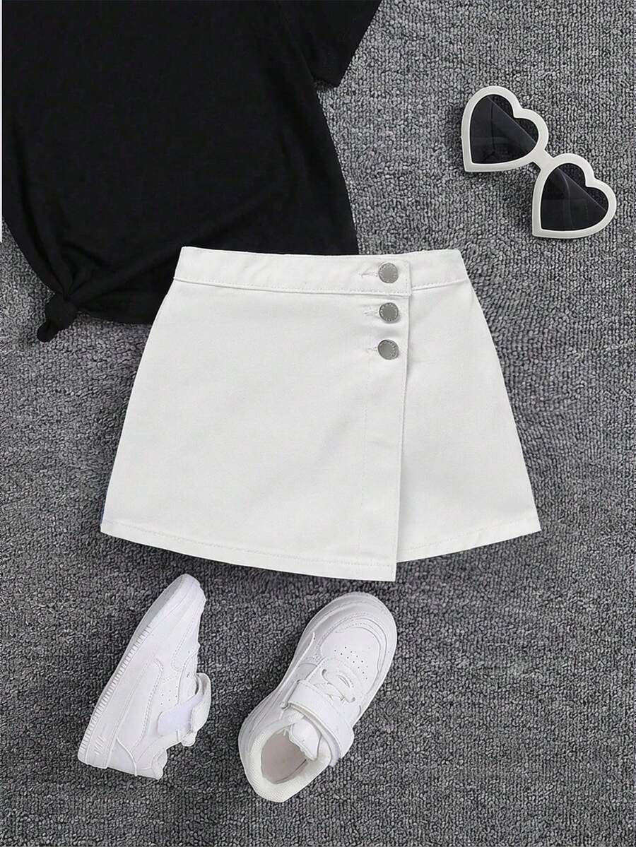 SHEIN 少女可爱水洗舒适柔软牛仔短裙 - 白色 - 查看 1