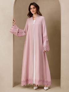 Graceveil 优雅纽扣蕾丝拼接长袖喇叭形女式长袍