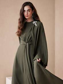 Arave Women's Green Chiffon Linen-Textured Fabric, Round Neck, Fitted Waist, Cape Sleeves, Full Skirt With Pleats, Long Tie-Waist, Diamond Brooch, And Metal Embellishments. Modern Party Long Dress. Elegant Dresses For Women, Party Clothes, Winter Clothes For Women, Halloween. New Year - Green - View 7