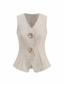 Editum 女士V领开衫收腰卡其色粗花呢亚麻质感无袖背心短裤套装，优雅日常穿着，通勤，秋冬季及早春皆宜 - 卡其色 - 查看 8