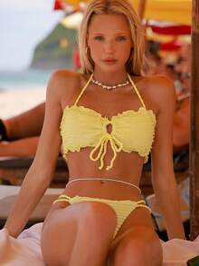 Swim Mod Women's Swimsuit Set, Elegant & Sweet Solid Color Textured Fabric Macrame Strap Two Pieces Swimwear, Suitable For Beach & Vacation, Spring/Summer - Yellow - View 3