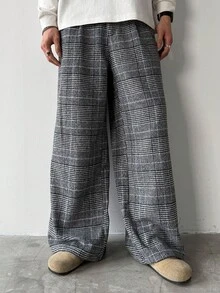 Manfinity Hypemode 男士千鸟格褶裥口袋阔腿宽松休闲裤 - 淺灰色 - 查看 7