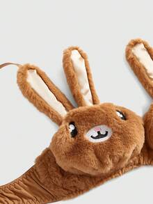 ROMWE Kawaii Cute Bunny Embroidery Plush Wireless Bra Set, For Valentine's Day - Khaki - View 3