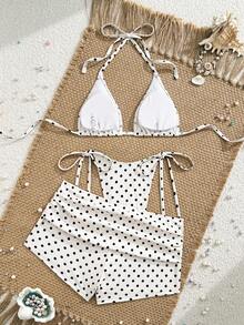 Swim Vcay Summer New Beach Vacation Party Afternoon Tea Polka Dot Print Micro Triangle Side Tie Ruched 3 PiecesWomen Swimsuit Set Birthday Search Swimsuits Two Piece Bikini Short Set Holiday Polka Dot Bikini Polka Dot Bathing Suit