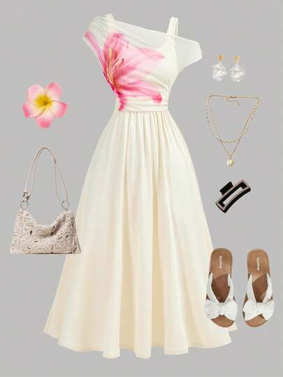 SHEIN Girlism 少女杏色针织网纱印花奶油色优雅露肩网纱二合一短袖连衣裙，纯色连衣裙防晒下摆连衣裙，适合日常休闲穿着、夏季、毕业典礼、返校、度假、节日、午餐、音乐节、郊游等场合。