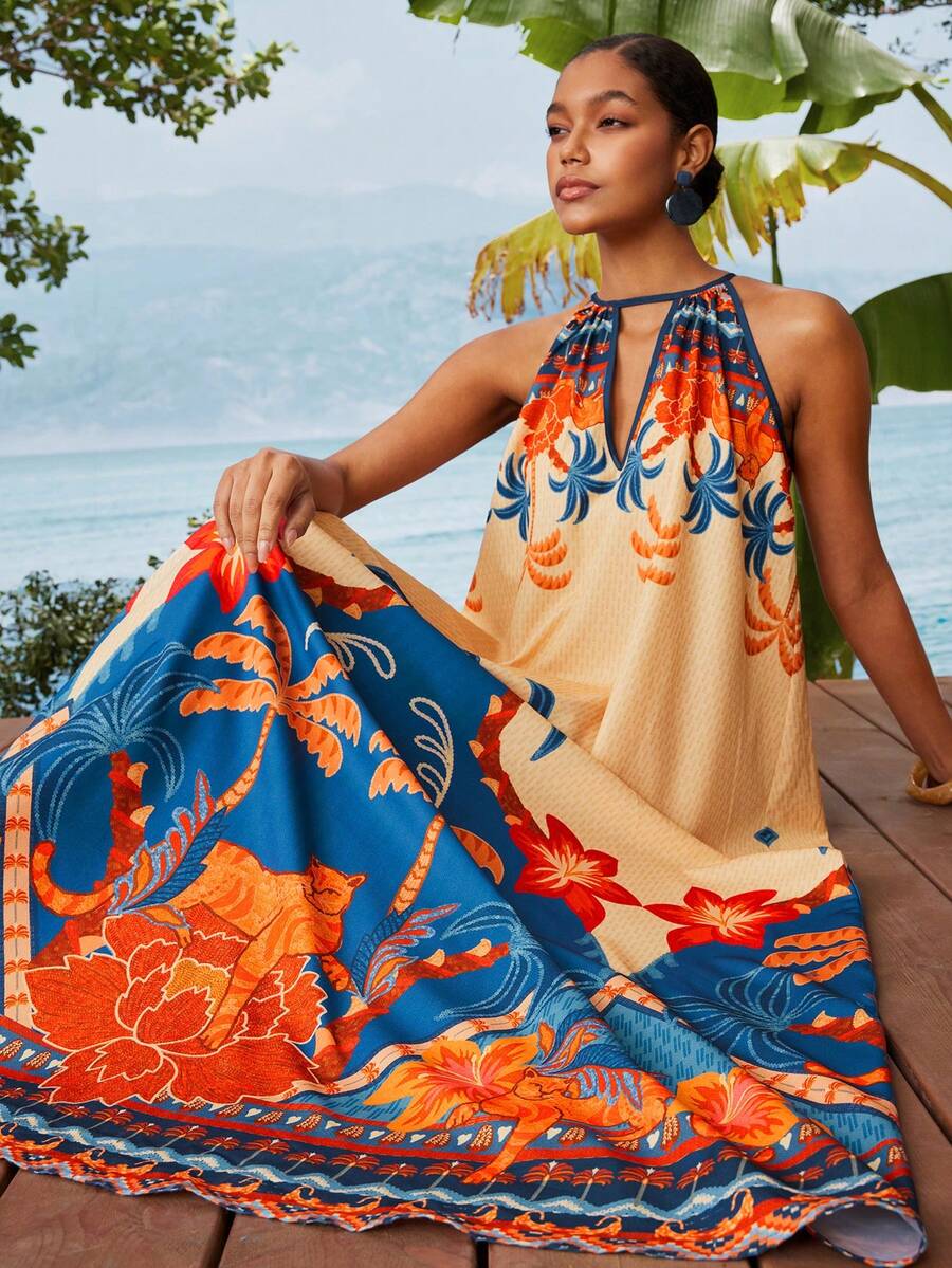 Travachic Vestido de tirantes con estampado de palmeras tropicales para vacaciones de mujer - Multicolor - Ver 1