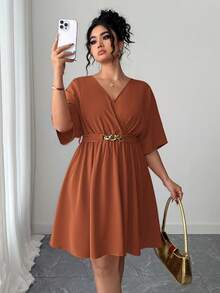 Elenzga Elegante vestido de noche rojo con cuello en V y cintura ceñida, estilo casual y minimalista para el verano