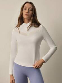 With My Calm Casual Versatile White V-Neck Semi-Sheer Design Slim-Fit Invisible Zipper Long Sleeve Women Equestrian Jacket - White - View 4