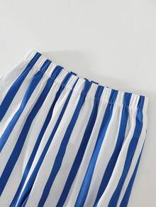 THE HAPPY LOOK 2pcs/Set Young Boy Letter Graphic Soft Knit Crew Neck Short Sleeve Top And Striped Elastic Waist Pants Mamas Boy Outfit Kids Boy Set - Multicolor - View 7