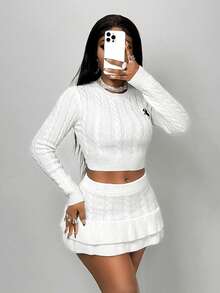 BamGleam 2pcs/Set Women Cable Knit Horse Embroidery Cropped Sweater + Pleated Knit Mini Skirt - White - View 7