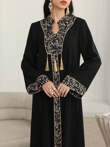 Al Najma Solid Color Patchwork Print With Gold Trim And Pendant Long Cardigan Kaftan Jalabiya Dress - Black - View 3