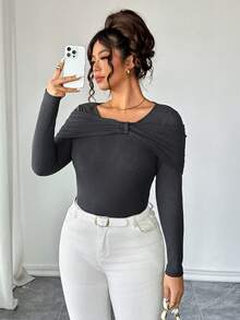 Elenzga Plus Size Women Bow Decor Ribbed Long Sleeve Top - Dark Grey - View 1