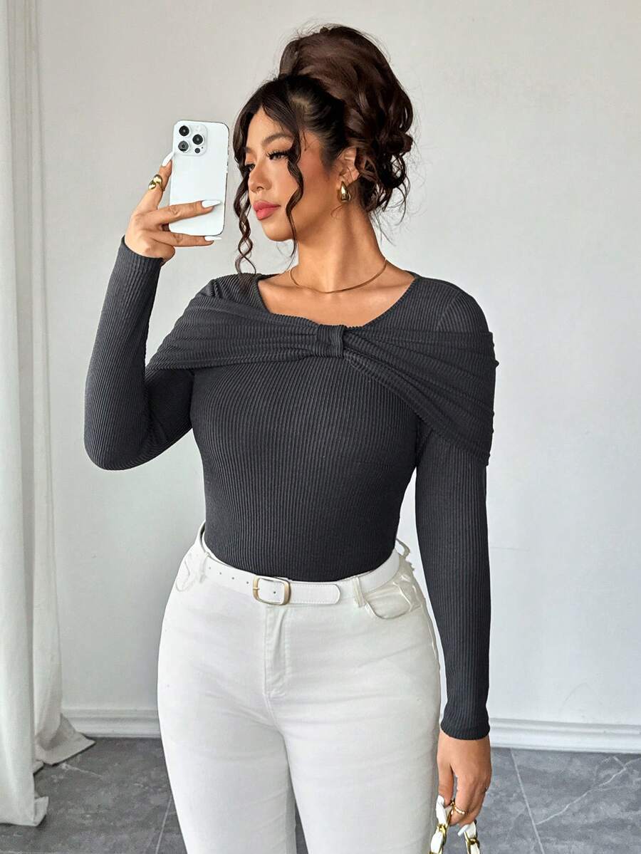 Elenzga Plus Size Women Bow Decor Ribbed Long Sleeve Top - Dark Grey - View 1