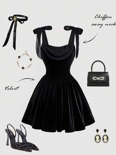 SHEIN MOD 女士纯色露肩打结优雅时尚吊带迷你连衣裙