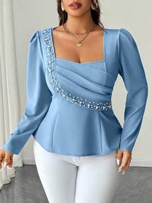 Elenzga Blusa elegante y romántica de manga larga, cuello cuadrado, cintura ceñida y decoración de perlas para mujer talla grande, para primavera/otoño - Azul - Ver 6