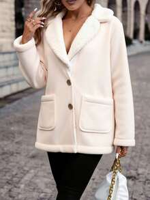 Abrigo mujer largo tejido afelpado bolsillos amplios solapa tipo peluche botones frontales corte cómodo diseño cálido ideal invierno casual trabajo - Hueso - Ver 2