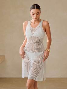 Swim Chiccia 新款针织镂空修身优雅女式连衣裙 - 白色 - 查看 6