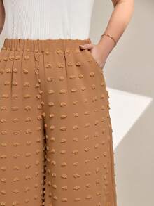 Momelise Plus Size Solid Color Elastic Waist Pockets Casual Loose Fit Wide Leg Pants - Coffee Brown - View 7