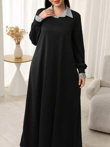 Mulvari 女士条纹衬衫领长袖喇叭下摆连衣裙 - 黑色 - 查看 3