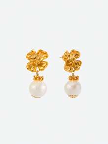 Opalesca 1 Pair Fashionable & Elegant Flower Shaped Pearl Earrings For Women,Outfits,Old Money,Wedding/Bridal Accessories,Western Jewelry,Fairycore/Fairy,Pearl,Fall/Autumn/Winter,For Mom/Women/Girl/Mother,Elegant - Gold - View 4