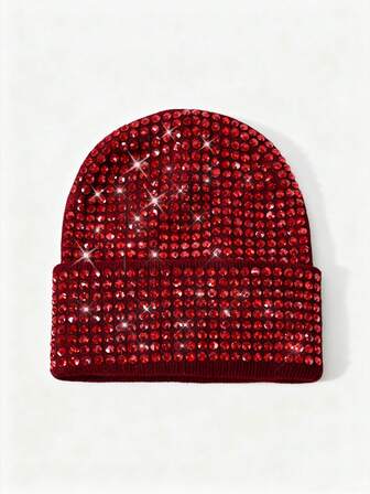 Goth 1pc Fully Rhinestoned Solid Color Knit Beanie, Warm Winter Hat, Fashion Accessory