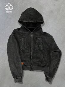 Manfinity Roghcode 男士休闲字母图案连帽卫衣，秋冬连帽外套，男士街头风拉链字母夹克，男士拉链外套，男士街头风拉链外套 - 黑色 - 查看 1