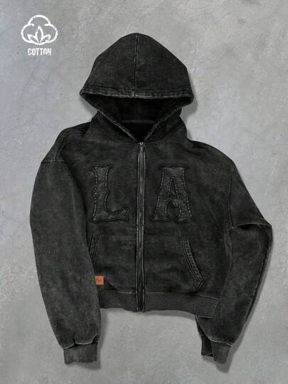 PAVTROS 男士休闲字母图案连帽卫衣，秋冬连帽外套，男士街头风拉链字母夹克，男士拉链外套，男士街头风拉链外套