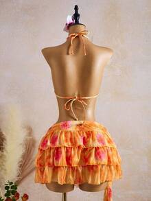 Bellisia 3pcs Women Orange & Pink Floral Print Cake Style Swimsuit Set - Multicolor - View 2
