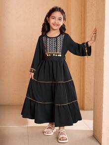 SHEIN Young Girl Stunning Girls' Dress, Black Base With Exquisite Colorful Printed Pattern, Decorated With Vintage Beaded Tassel At Neckline And Cuffs, Playful Bow Design At Waist For Elegant Look, Multi-Layer Skirt For Flowing And Dynamic Style, Providing Children With A High-End And Unique Vibe! Abaya Jalabiya Traditional Arabic Clothing - Black - View 5
