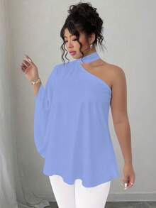 SHEIN Elenzya 大码斜领露背扎染印花衬衫 - 藍色 - 查看 4