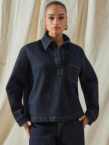 Vixey Oversized Plunge Neck Pointe Collar Long Sleeve Denim Shirt - Dark Wash - View 4